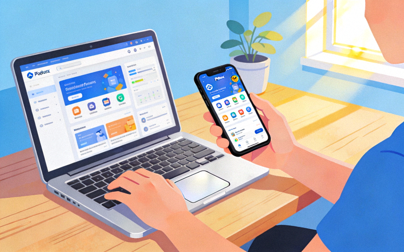 Ilustrasi pengguna sedang mengakses platform digital di laptop dan smartphone